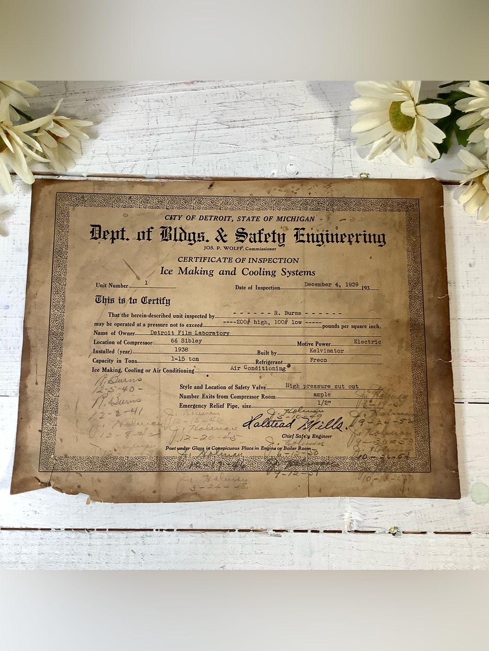 Vintage 1939 Certificate of Inspection City of Detroit Dept of Building & Safety